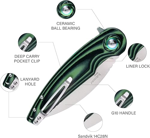 Miniatura 3 de Bulbasaur - Cuchillo plegable de acero 14C28N de 3.66 pulgadas con acabado satinado, hoja verde G10 con clip de bolsillo, cuchillo para exteriores