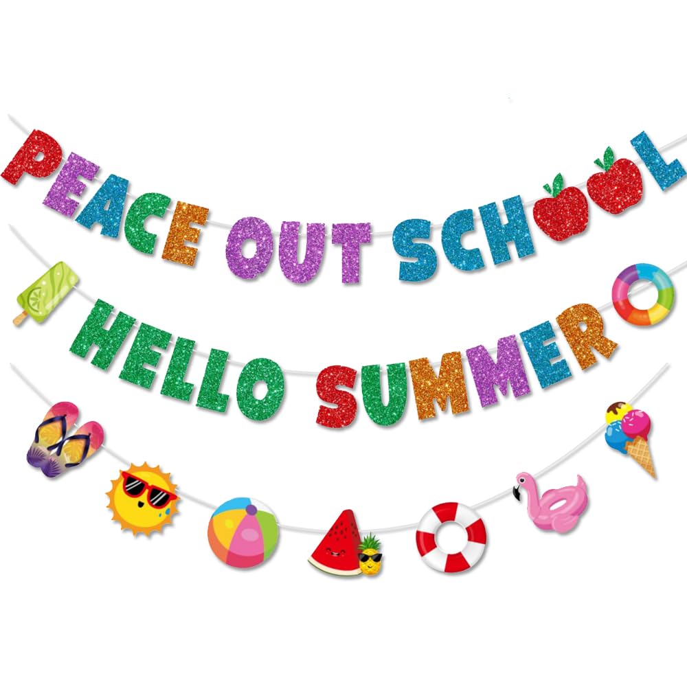 Peace Out School Hello Summer Banner Happy Last Day of School Garland End of School Year School Out Party Decoration Goodbye Class Welcome Vacation Party Supplies