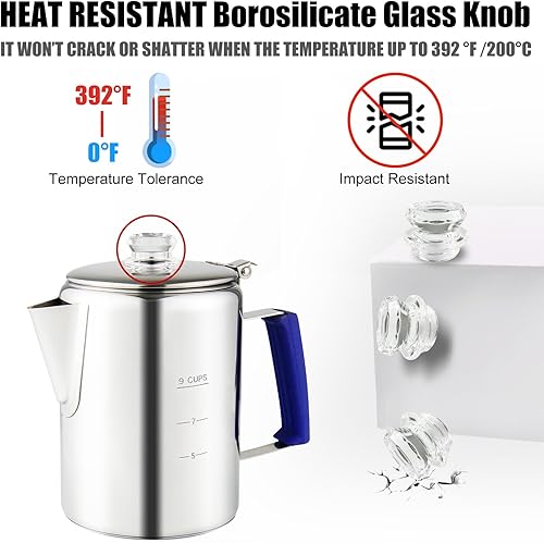 Miniatura 3 de Cafetera de percolador multiuso, cafetera de acero inoxidable con dos pomos de vidrio de borosilicato, mango de sílice, cafetera para camping, uso