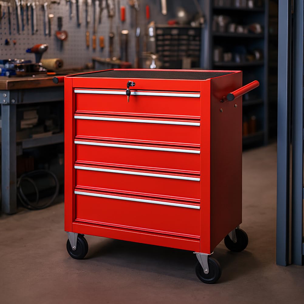 Carrello Portautensili con 5 Cassetti in Acciaio, Carrellino per Attrezzi Multiuso, Armadietto per Strumenti di Lavoro con Ruote, Ideale per Officine, Garage, Fai da Te, 68 x 33 x 78 cm