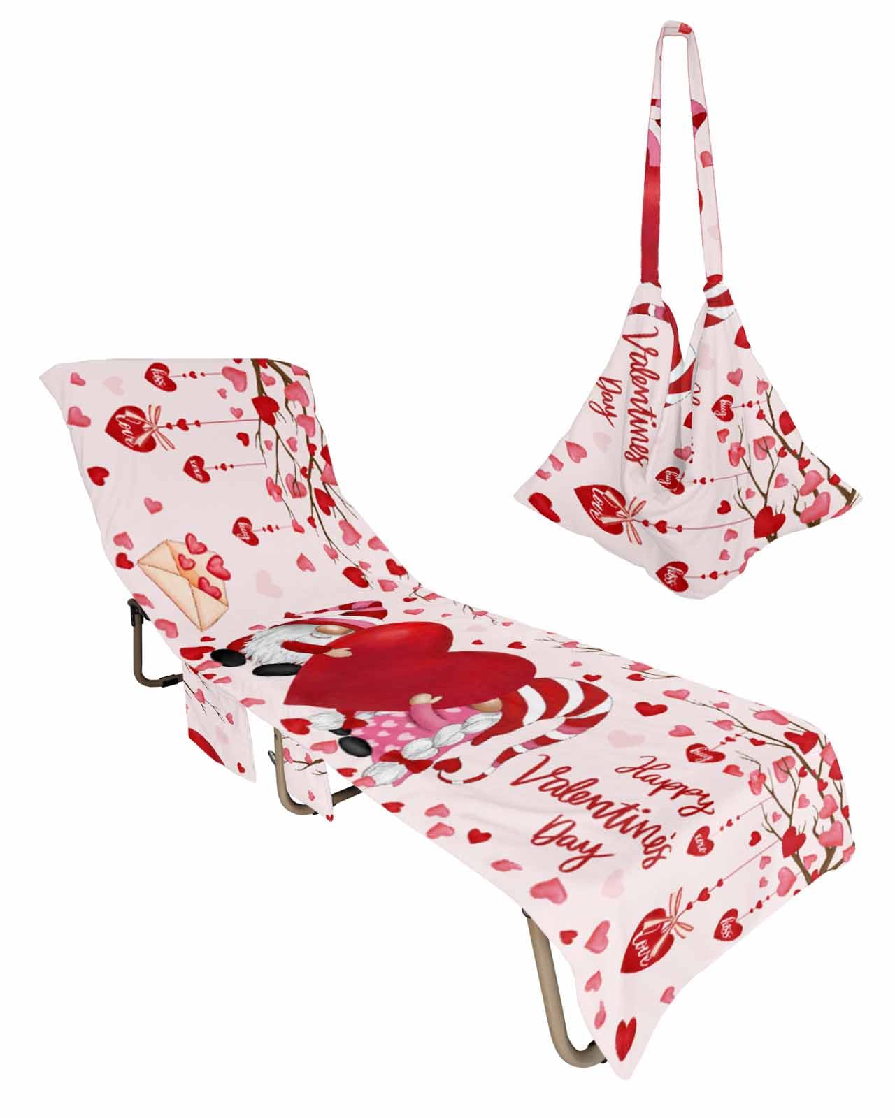 Gnomes Love Beach Chair Towel Covers for Chaise Lounge with Side Pocket, Soft Plush Pool Towels Cover for Patio Sunbathing Outdoor 29''x85'' Romantic Valentine's Red Heart Branches