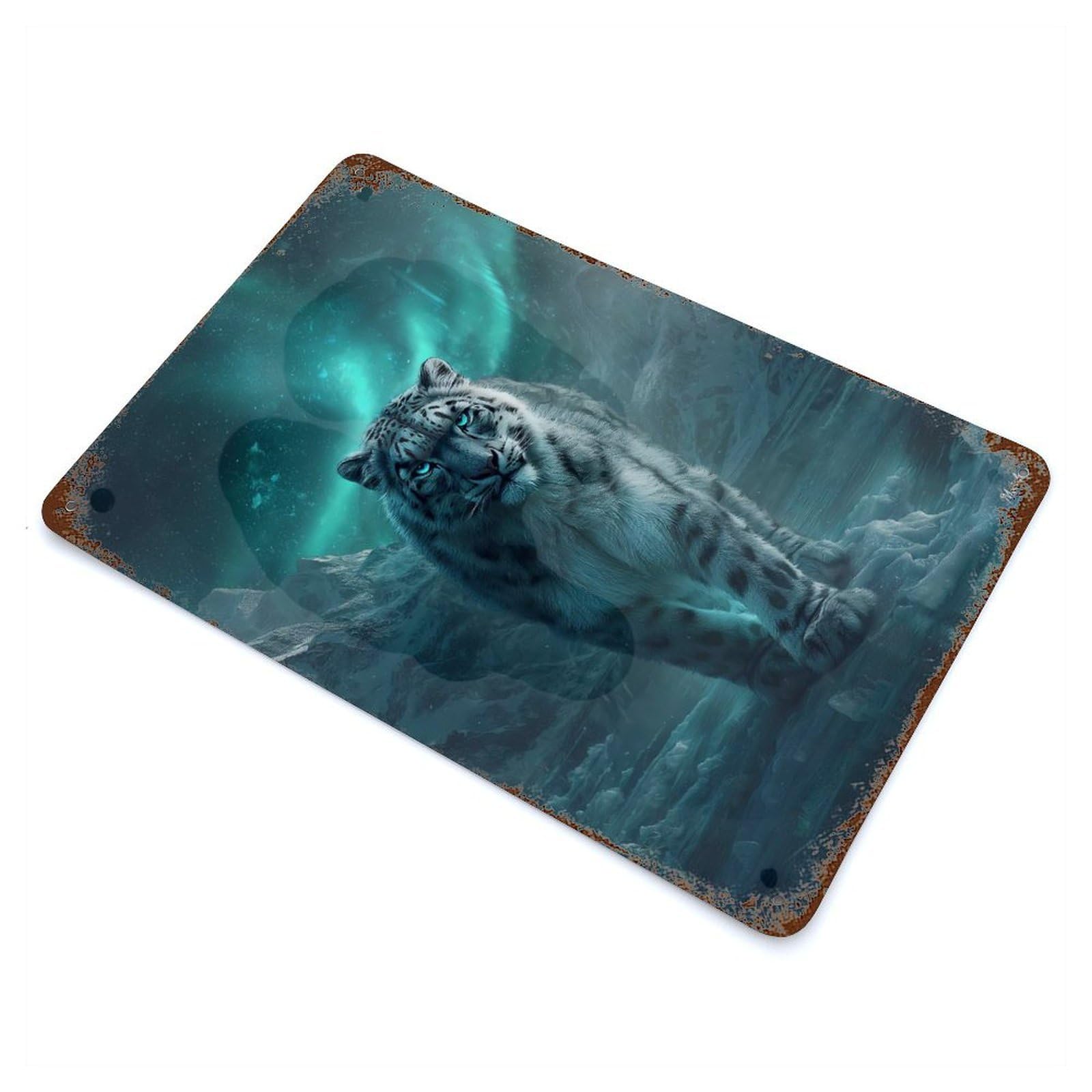 Silent Sentinel – Ethereal Wilderness Snow Leopard Vintage Metal Tin Sign 11.8"x7.9", Industrial Home Decor for Garage, Pub Or Kitchen