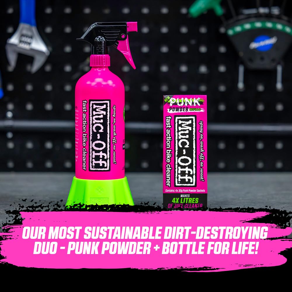 Muc-Off Punk Powder & Bottle for Life Bundel – 4 Packungen Biologisch Abbaubares, Plastikfreies Fahrradreinigerpulver mit Wiederverwendbarer Aluminium-Nachfüllflasche