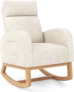 COSTWAY Relax Rocking Chair, Chenille Fabric Upholstered Accent Glider Armchair with Headrest, Side Pocket & Solid Wood Legs, Modern High Back Leisure Lounge Rocker for Nursery Living Room Bedroom