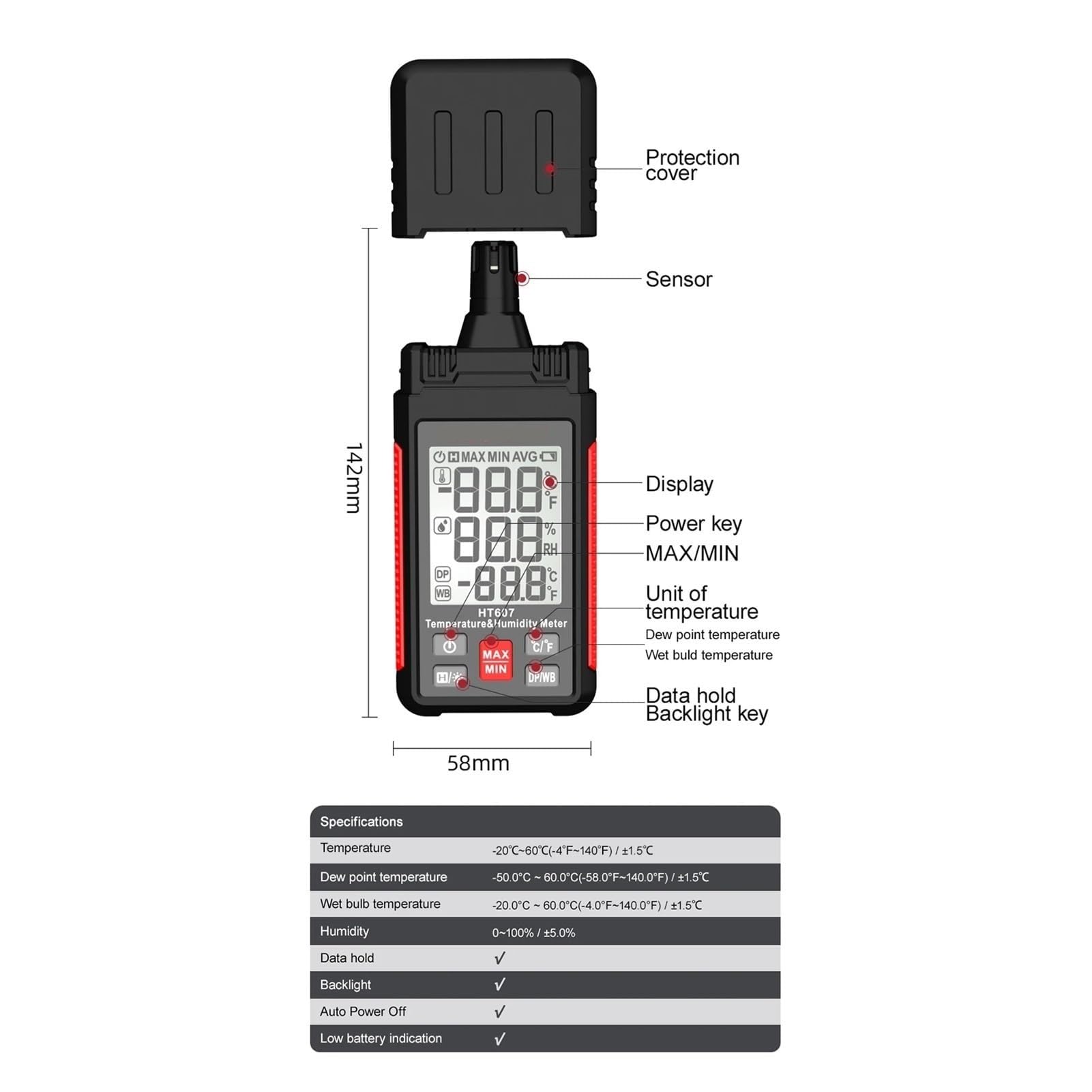 Higrómetro digital HT607 - Medidor de temperatura y humedad con pantalla LCD, psicrómetro for medición de punto de rocío y bulbo húmedo