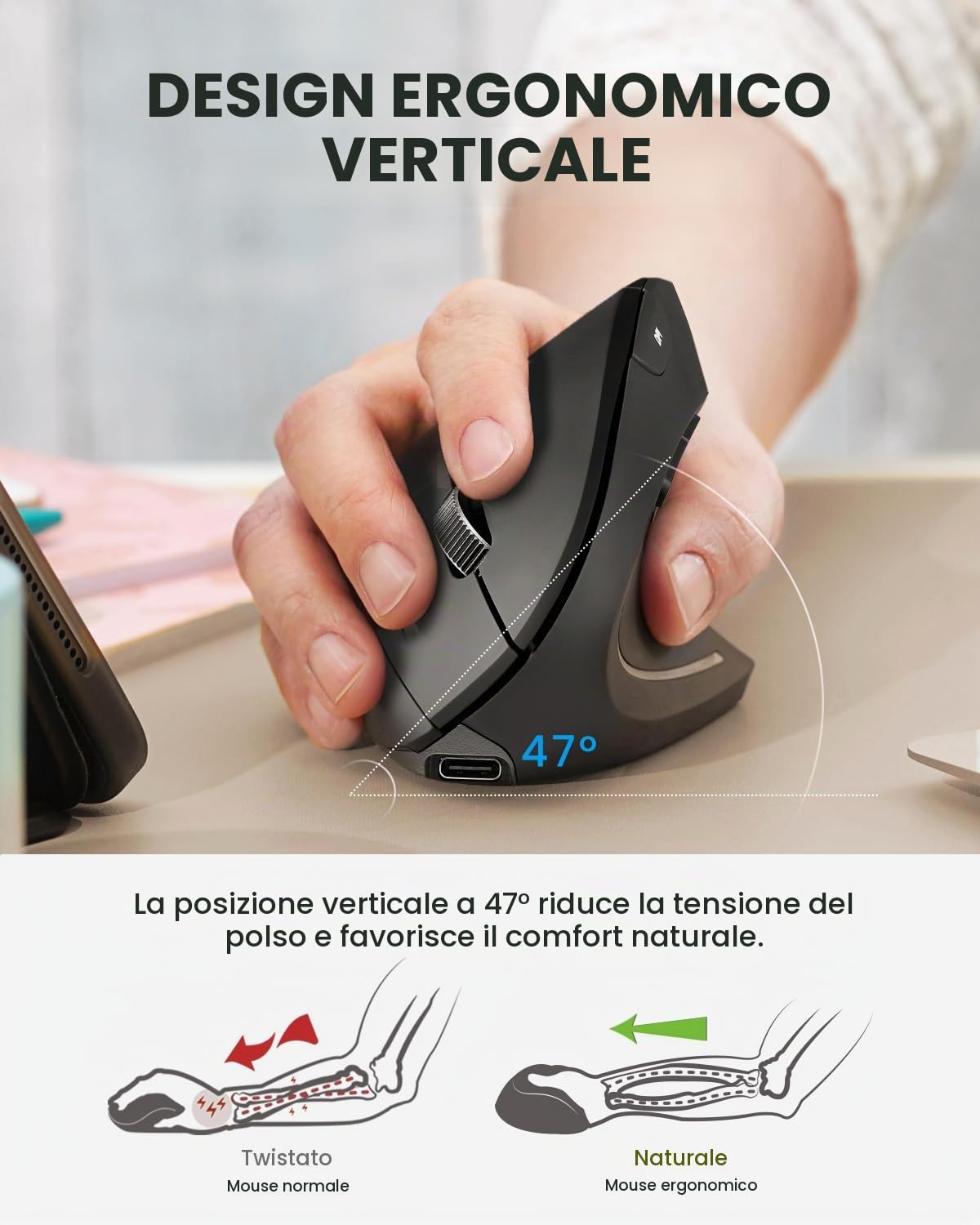Perixx PERIMICE-813RX Mouse Verticale Ergonomica Senza Fili, Connessione Multi-Dispositivo, Ricaricabile Con Base, DPI Regolabili 1000/1600/2400/3200, Nero