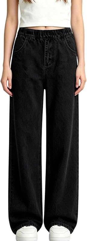 Girls Baggy Straight Leg Jeans 2-14Y, Cute Elastic Waist Denim Pants