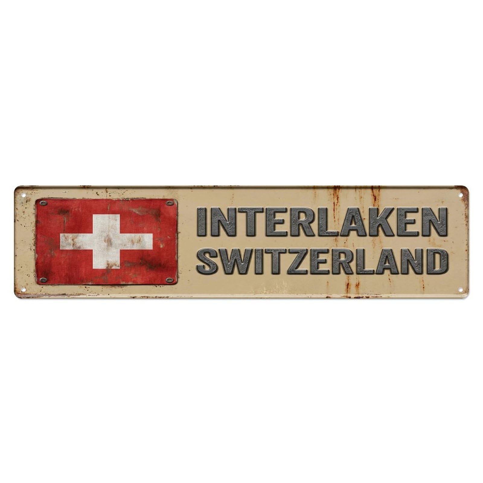 Vintage Interlaken Switzerland Flag Decor Rustic Travel Metal Tin Sign