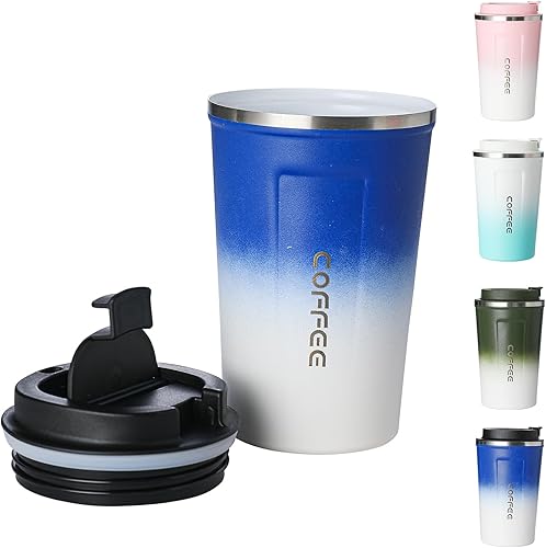 Taza de viaje de café con revestimiento de cerámica, 14 onzas, vaso aislado al vacío para automóvil con tapa a prueba de fugas, color azul degradado