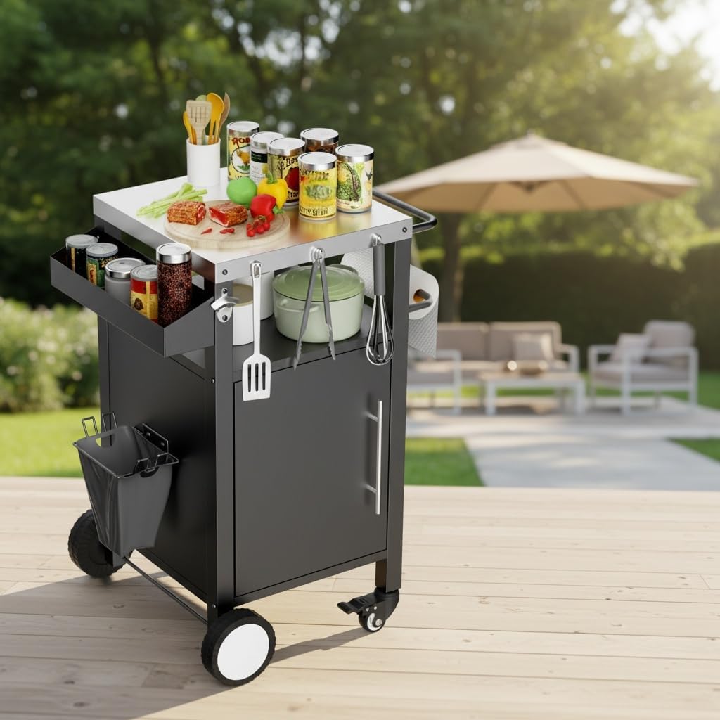 Outdoor Grill Cart Table, Stainless Steel Tabletop & Storage Cabinet & Hooks Kitchen Island on Wheels, BBQ Prep Tables for Outside Grill for Patio, Backyard & Camping (Black -a)