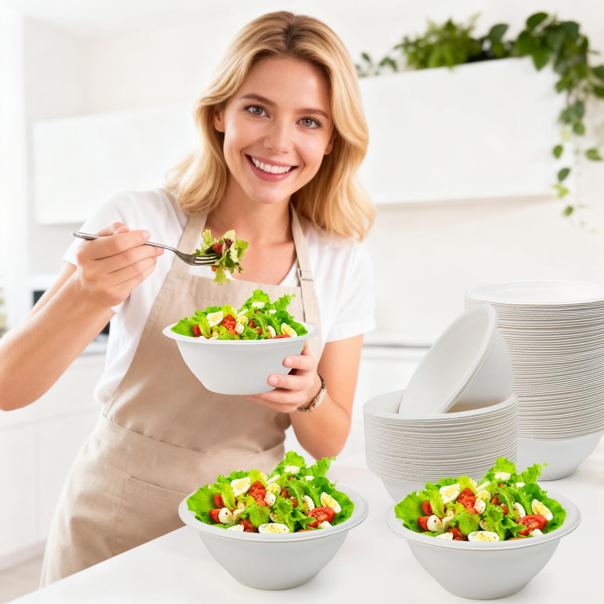 Kleemeiero 100 Pezzi Ciotole di Carta Bagasse di Canna da Zucchero 260ML Ciotola per Zuppa Biologica Rotonda Bianca Biodegradabili e Compostabili Piatti Carta per Picnic Barbecue Feste