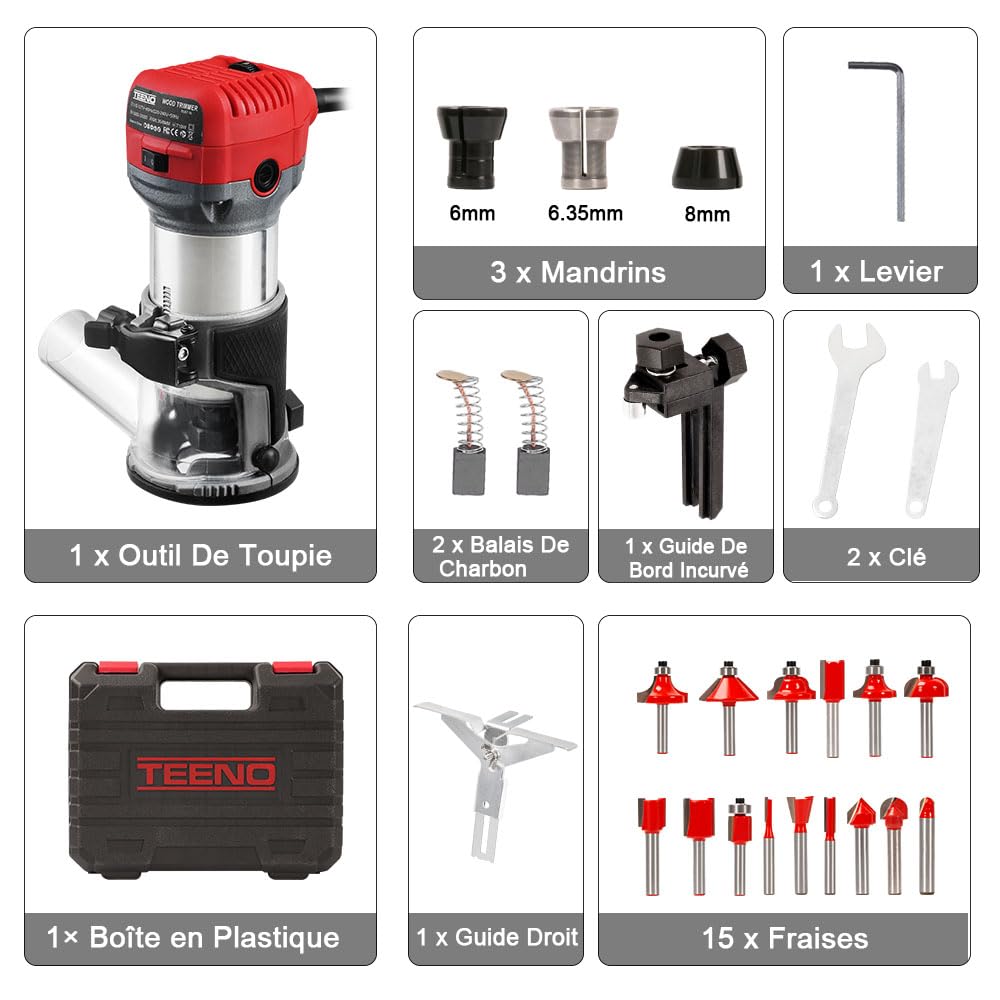 TEENO à Bois Défonceuse Affleureuse électrique 800W, Affleureuse à Bois Défonceuse 13000-33000RPM,15 Fraises à Défoncer Queue de 1/4",6 Vitesses Variables,3 Pinces de 6/6.35/8mm,Boite en Plastique