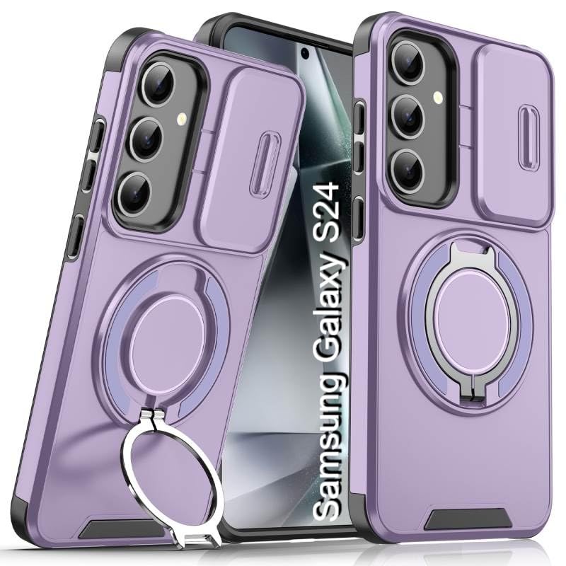 Image of LuxuryKase Shockproof Rugged Case for Samsung Galaxy S24 | Slide Camera Cover | 360 Rotating Ring Kickstand | Military-Grade Protection - Lavender Purple