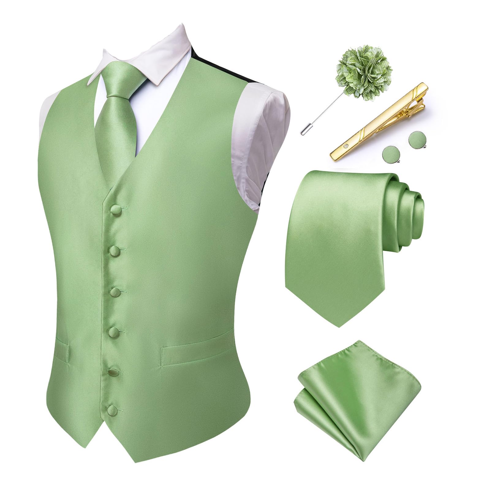 Hi-Tie Gilet da uomo con motivo cachemire, gilet formale in seta jacquard e cravatta con risvolto e tasca quadrata set per smoking da sposa