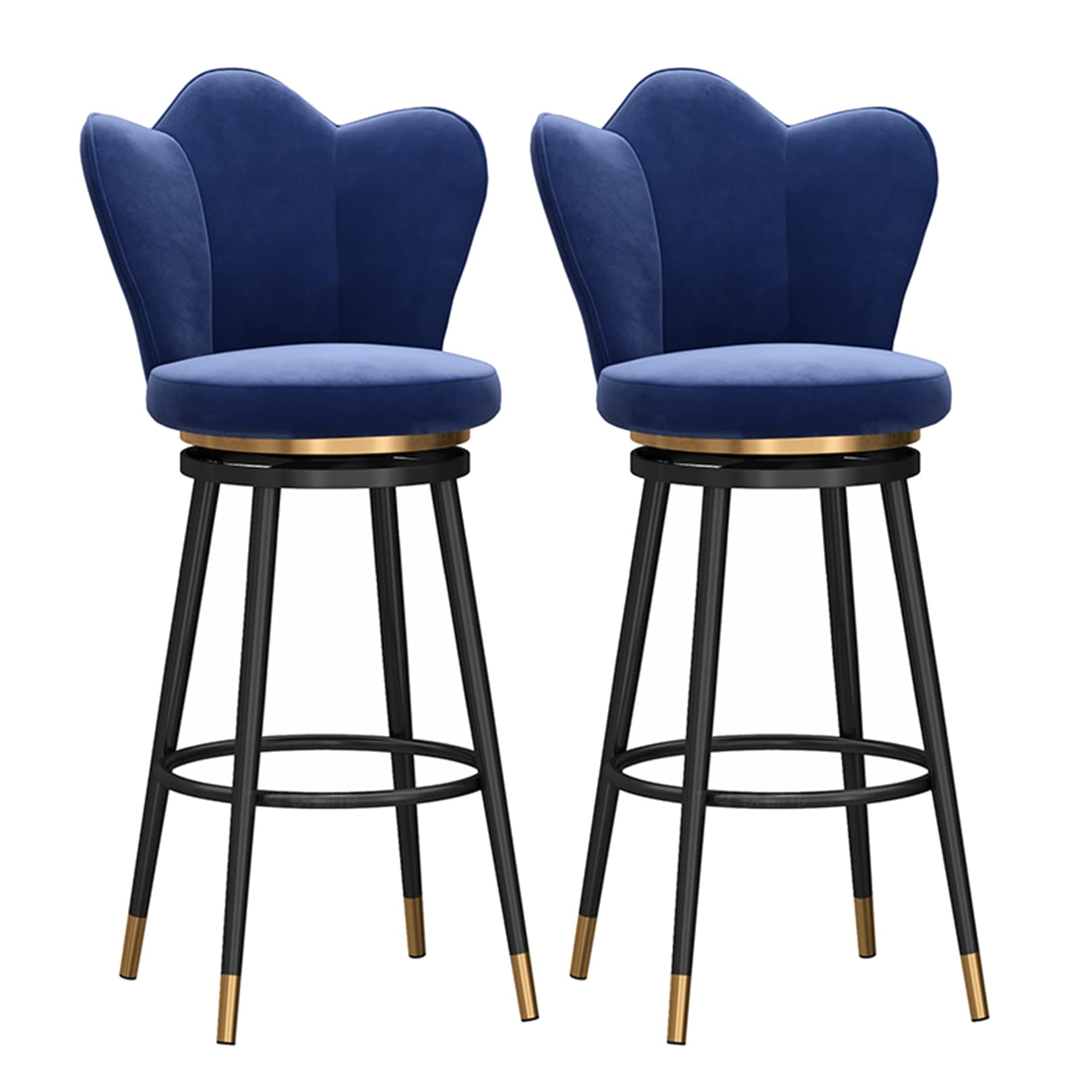 Tabouret de bar rotatif bleu 65 cm avec dossier enveloppant et piétement métallique noir - 2Pcs
