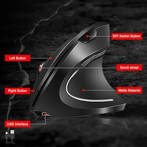 Miniatura 7 de Vassink Mouse ergonómico mouse inalámbrico recargable 24 GHz recargable inalámbrico vertical con receptor USB 6 botones 80012001600 DPI para laptop