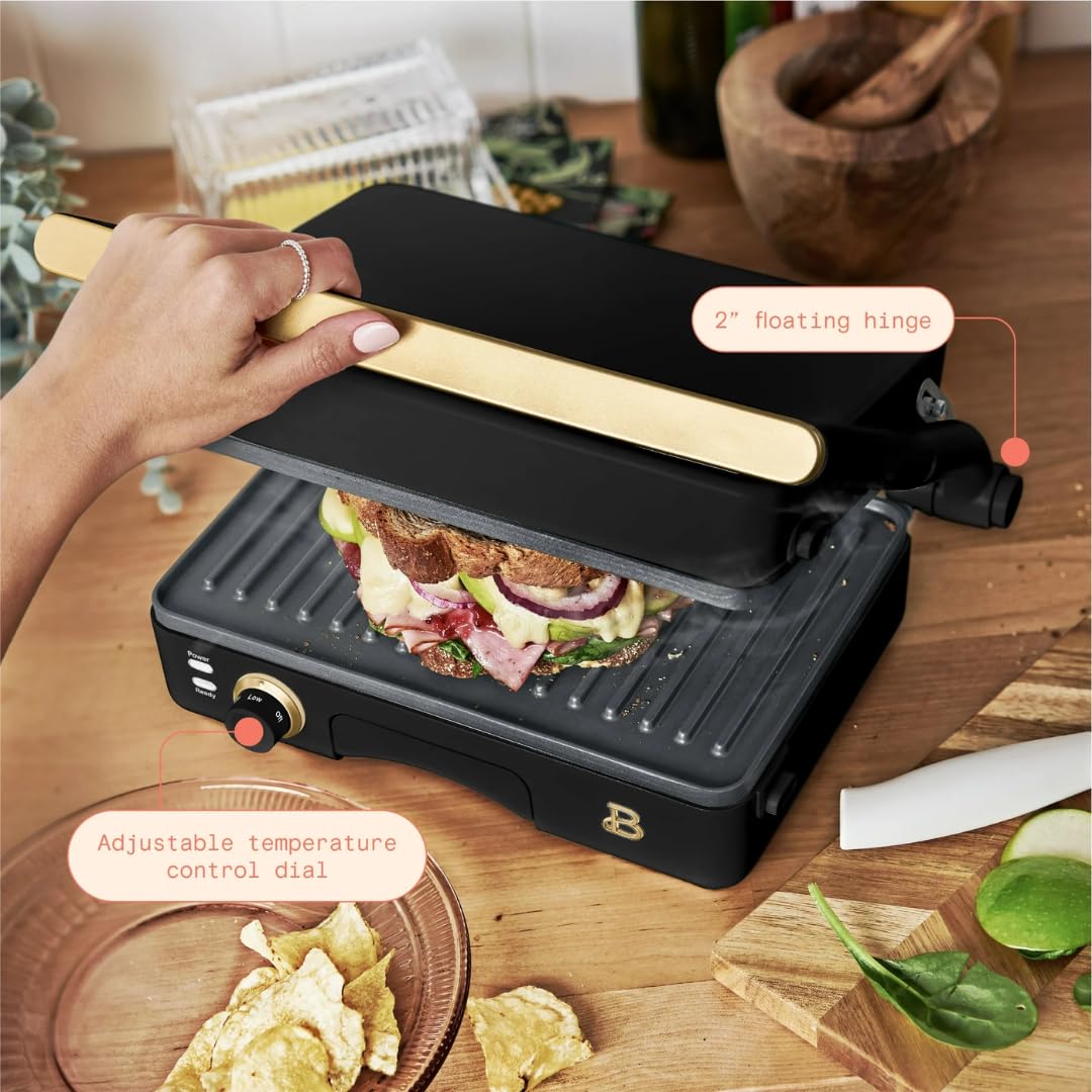 Beautiful 2-in-1 Panini Press, Grill, Sandwich Maker, Stainless Steel, Non-Stick Plates, 1200W Indoor Grill, Modern Style, 10.25 x 7 Inch Cooking Surface, Removable Heat Control (Black Sesame)