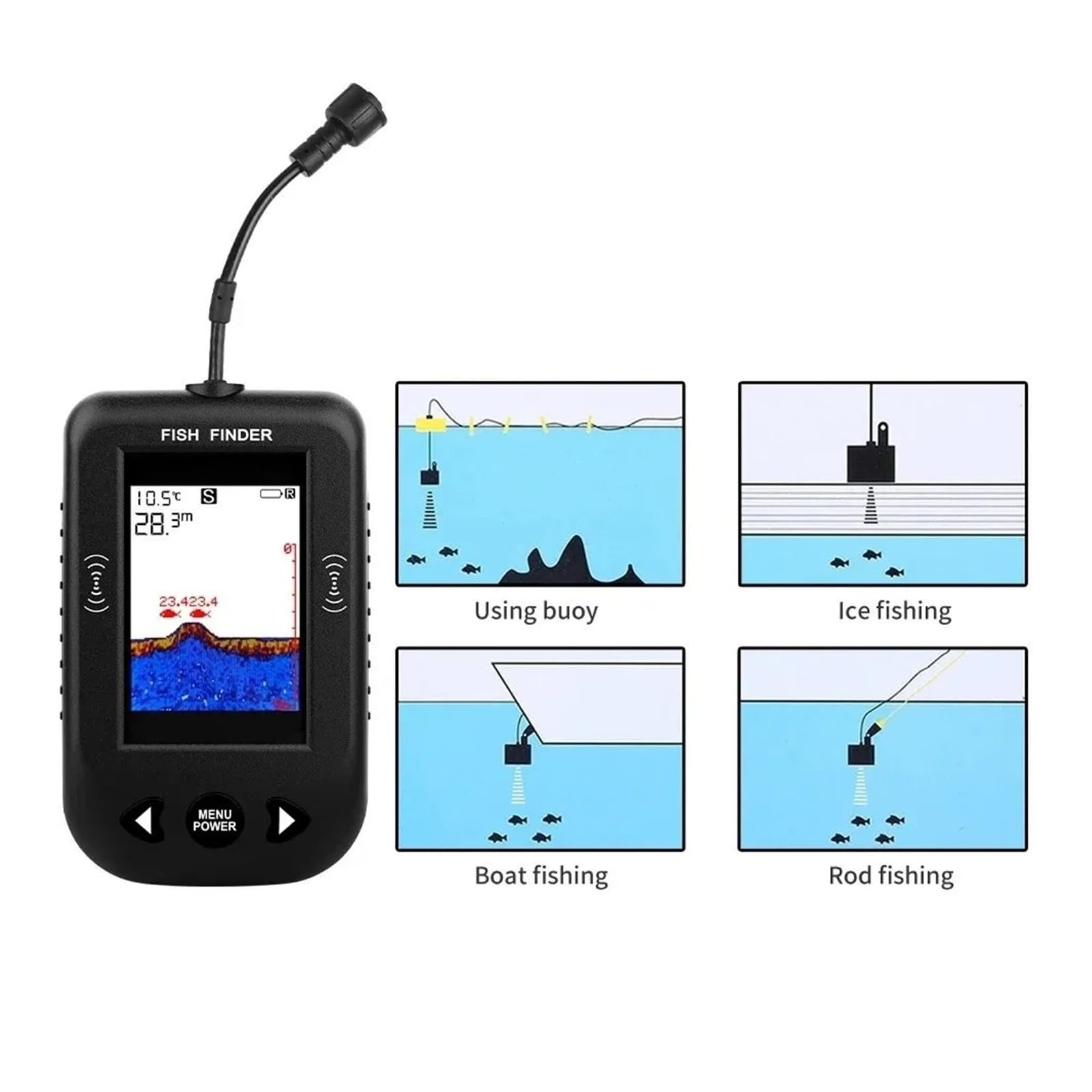 Detector de Peces, 45 Grados de buscadores Peces Pantalla LCD Sonar portátiles Profundidad 100M