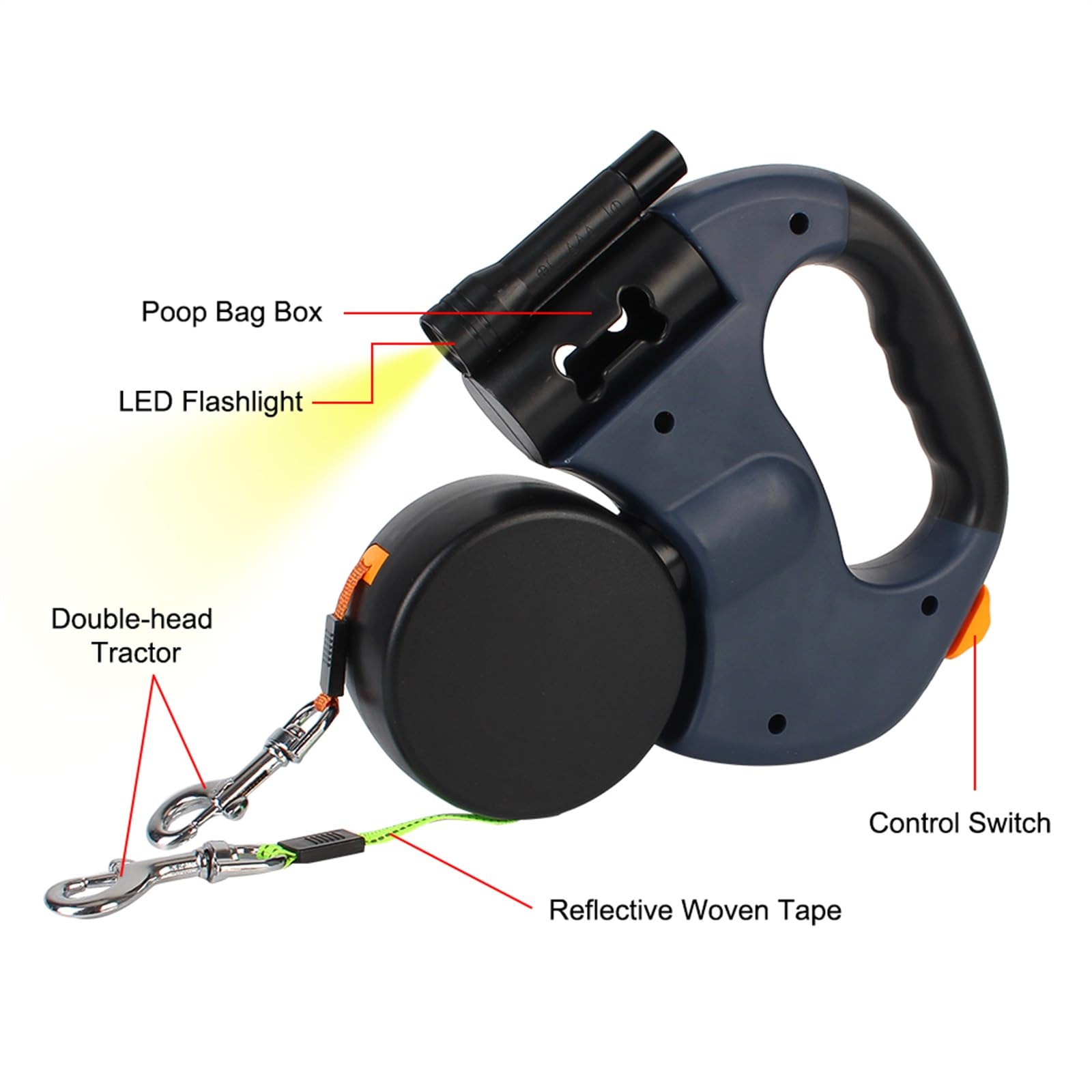 Corda Retrattile per Cani, Guinzaglio Doppio for Cani con Corda di trazione a Doppia estremità, Retrattile Automatico da 3 m, con Torcia, Sacchetto for rifiuti, Scatola for Cani