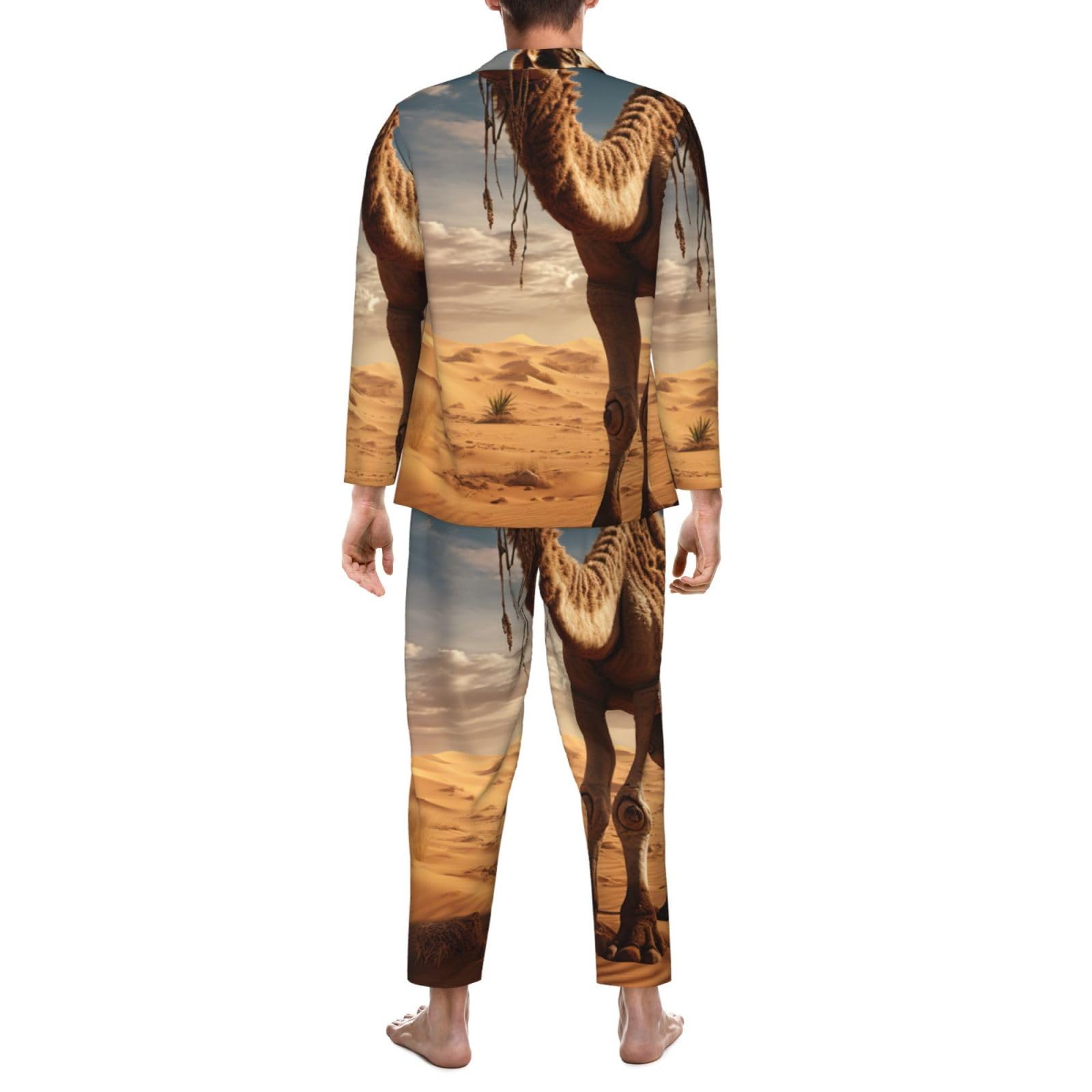 Pigiama a maniche lunghe da uomo con stampa cammello sabbia del deserto Set di due pezzi Traspirante Accogliente Weekend Loungewear