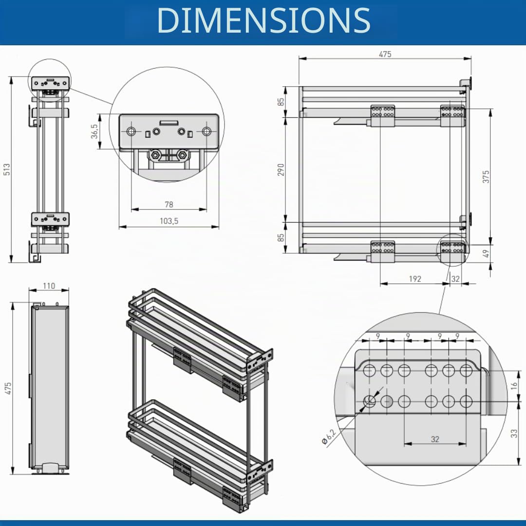 GTV - Organiseur de cuisine Movixpro | Équipement cargo | Système d'étagères extensibles | Largeur extérieure 150 mm | 2 étagères | Sans rails | Anthracite