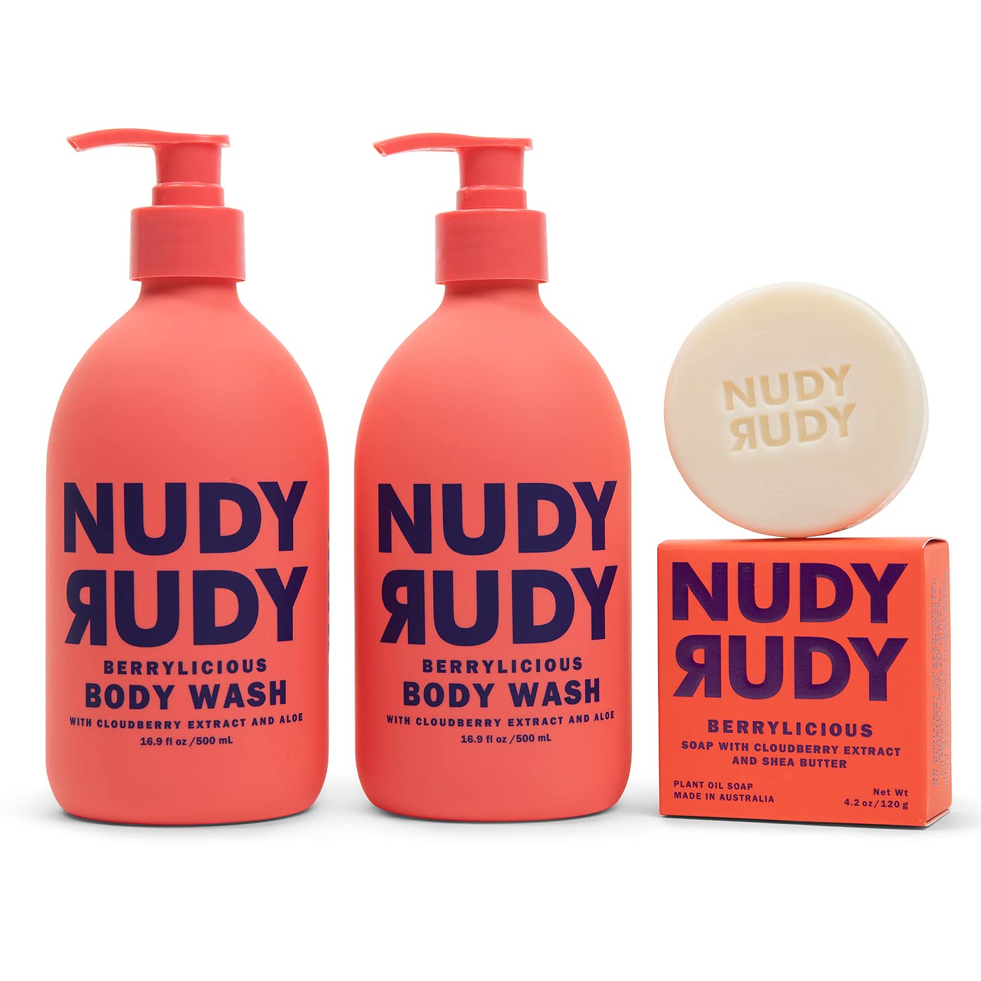 Nudy Rudy Berrylicious 2 Pack, Liquid Body Wash Bundle with Bonus Soap Bar, Aloe Vera and Vitamin E, Moisturizing Shower Gel, Body Wash and Bar Soap