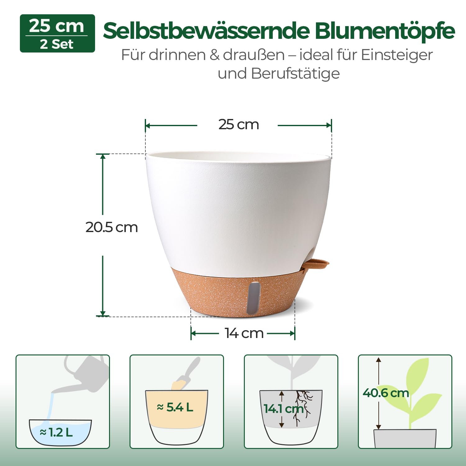 T4U 2er Set 25cm Selbstbewässernder Blumentopf mit Wasserstandsanzeige, ideal für Geigenfeige & Monstera, pflegeleicht, blumentopf Gross innen & pflanzkübel groß außen,（Weiß）