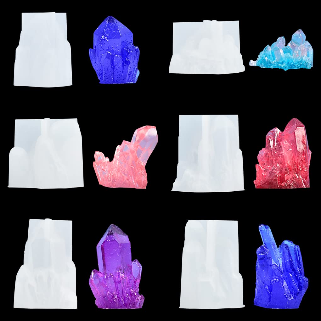 6 Pcs Quartz Rock Epoxy Resin Mould Crystal Cluster Silicone Mould Druzy Gems Casting Mould for Isomalt Stone Polymer Clay Fondant Cake Decoration Candle