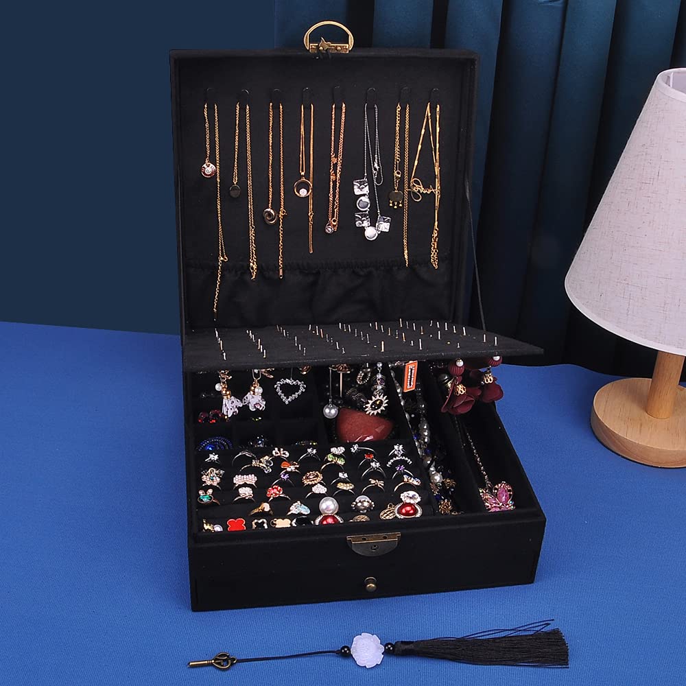 Schmuckkästen für Damen 3 Schichten großer Schmuck-Organizer Aufbewahrungsbox für Ohrringe Halsketten Ringe Armbänder Schmuckhalter abschließbar Schmuckkästchen (Schwarz)