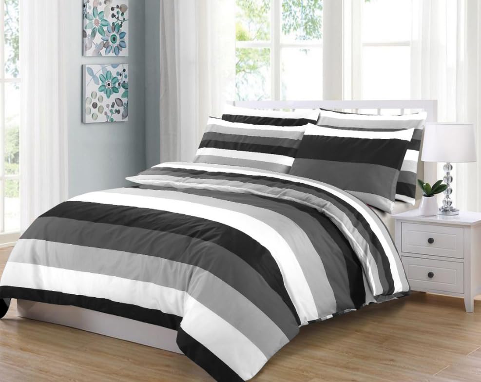 Luxury Printed Duvet Cover Set with Pillowcases, Microfiber Bedding, King Size, Hotel Quality (Grey Stripe, Super King)