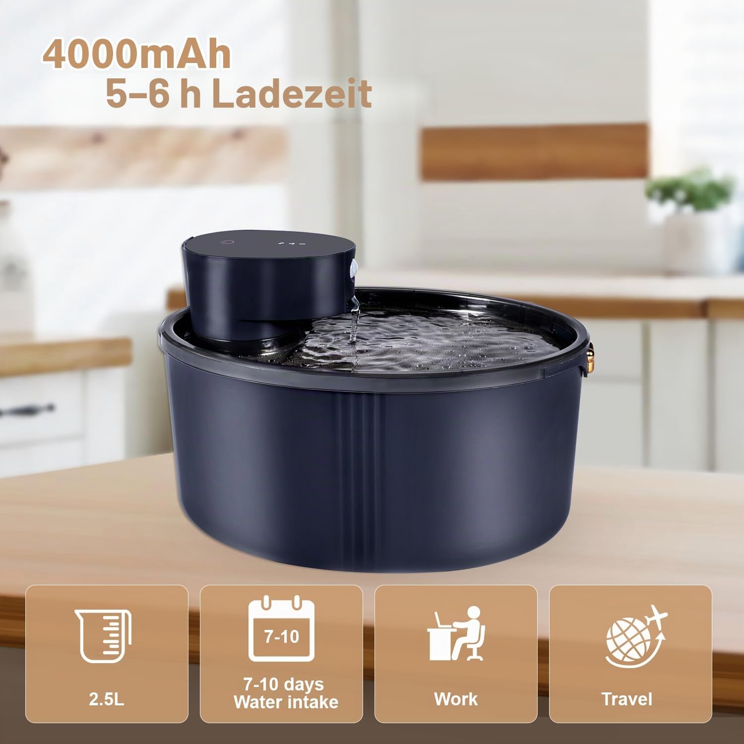 Wasserbrunnen für Katzen, 2,5 l – Bewegungsmelder, wiederaufladbarer Akku 4000 mAh, leise, Schwarz