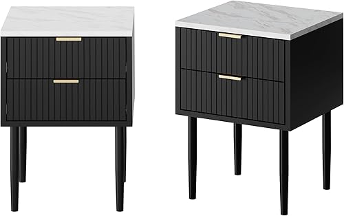 Miniatura 1 de Anbuy Juego de 2 mesitas de noche de mármol negro con mango dorado, mesita de noche a rayas con cajones, mesa auxiliar con parte superior de mármol