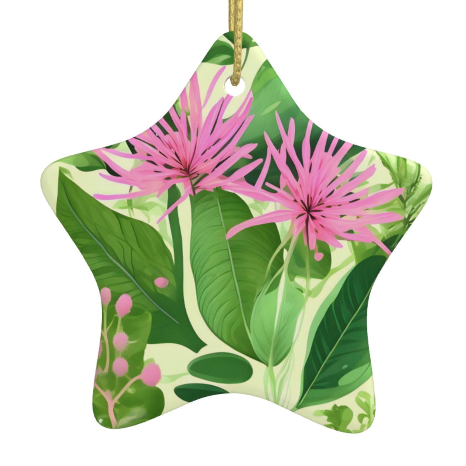 Pink Plant Flowers Christmas Ceramic Star Pendant with Punched Holes and Gold Wire Rope, Christmas Tree Home Decoration