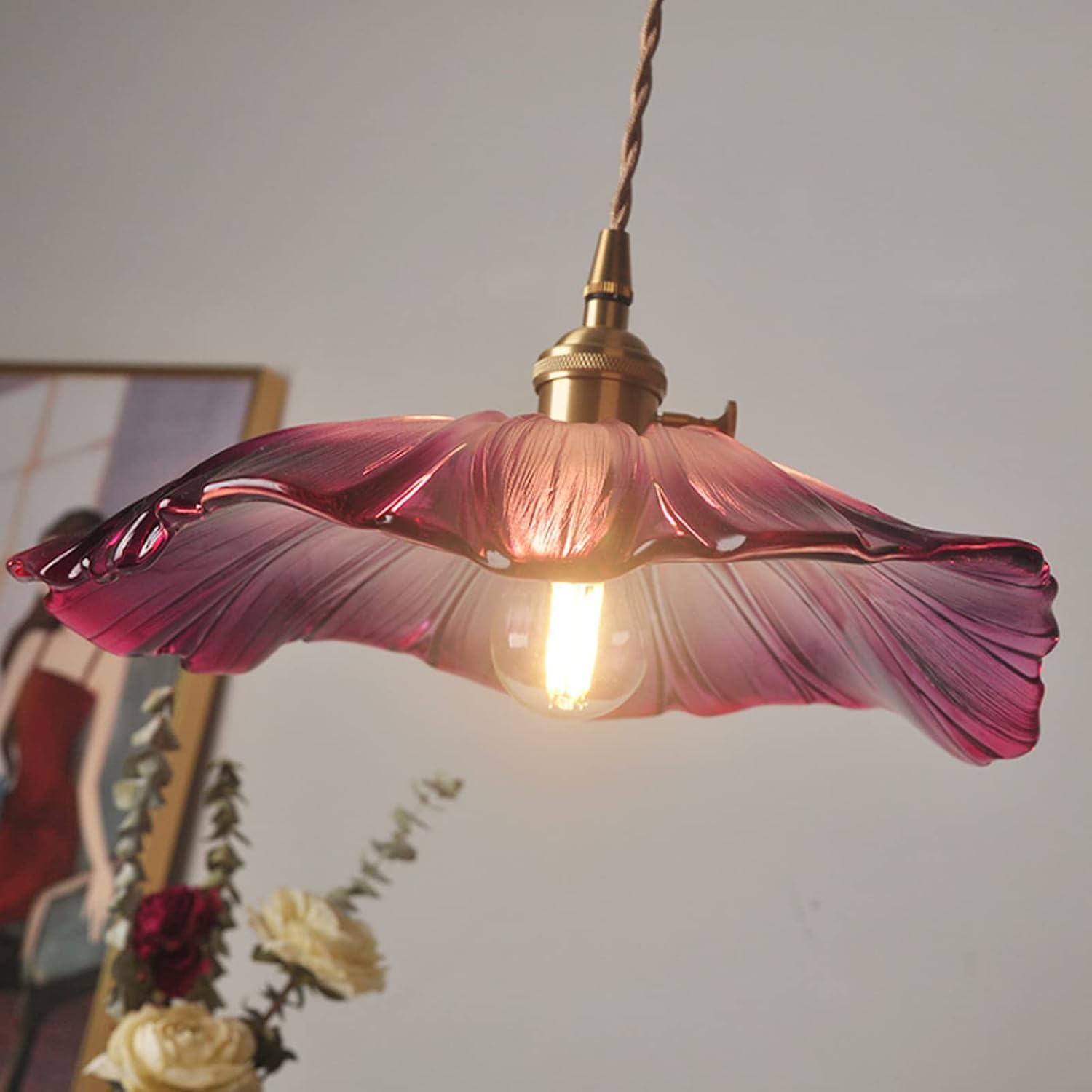 Lampa wisząca Vintage LED Szkło Fioletowy Kwiat Żyrandol Bar Sypialnia Miedziana Lampa Wisząca Dom Kryty Ganek Oświetlenie Oprawy E27 Żarówka Kuchnia Salon 1.5m Drut Regulowane Lampy Anniversary