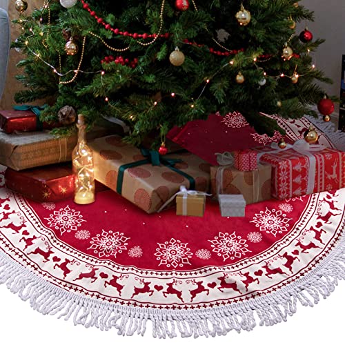 Falda Arbol de Navidad con Borla, Alfombra Arbol Navidad 128cm, Cubre Pie Arbol Navidad Rojo Blanco, Manta de Árbol de Navidad con Alces y Copo de Nieve, Cubiertas para Base Arbol, Tapete Patas Arbol Cover