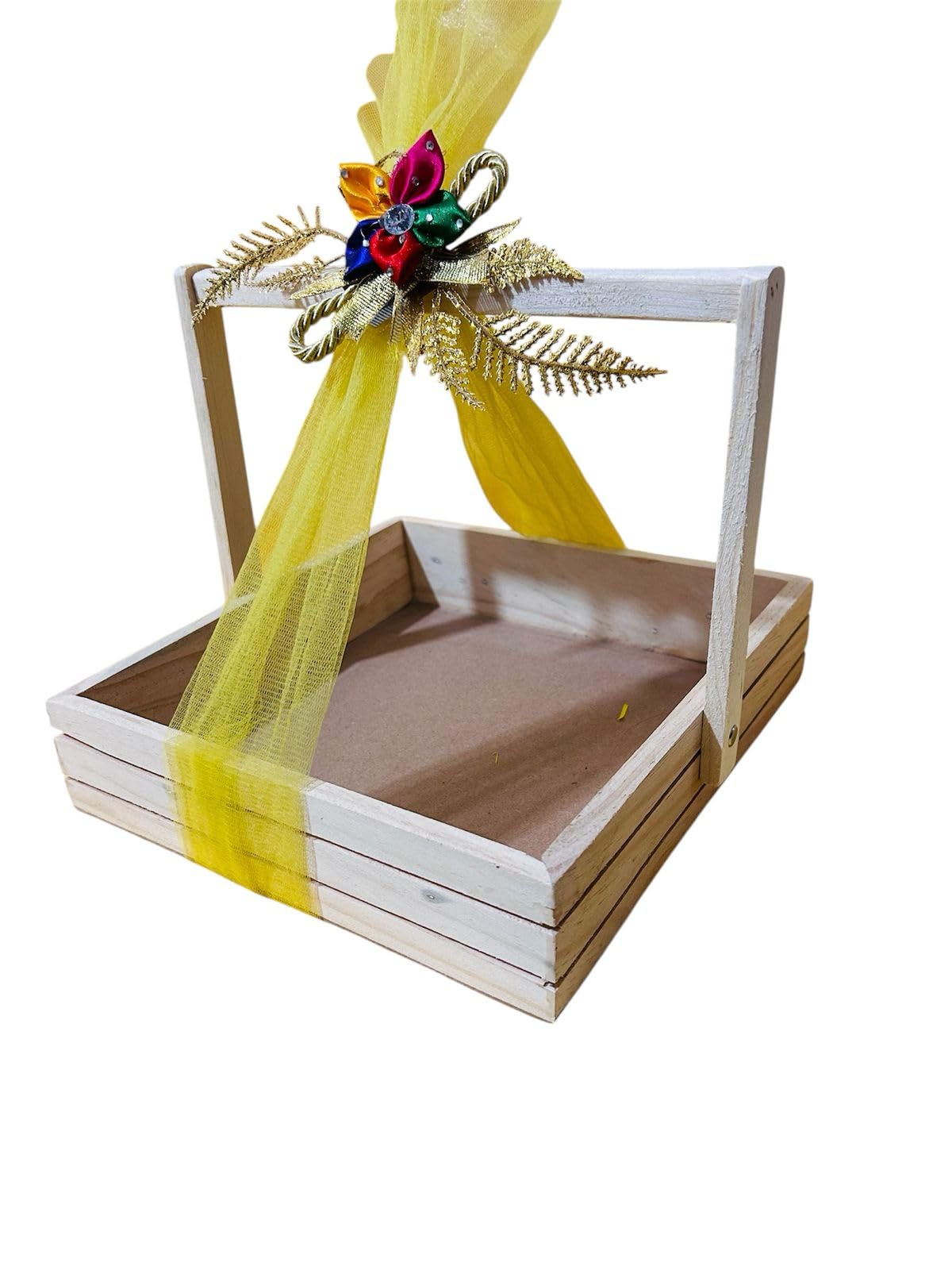 Vayu Art & Crafts Pinewood Gift Packaging Gift Hamper Basket with Handle (12x12x2.25"), 30x30x6 CM
