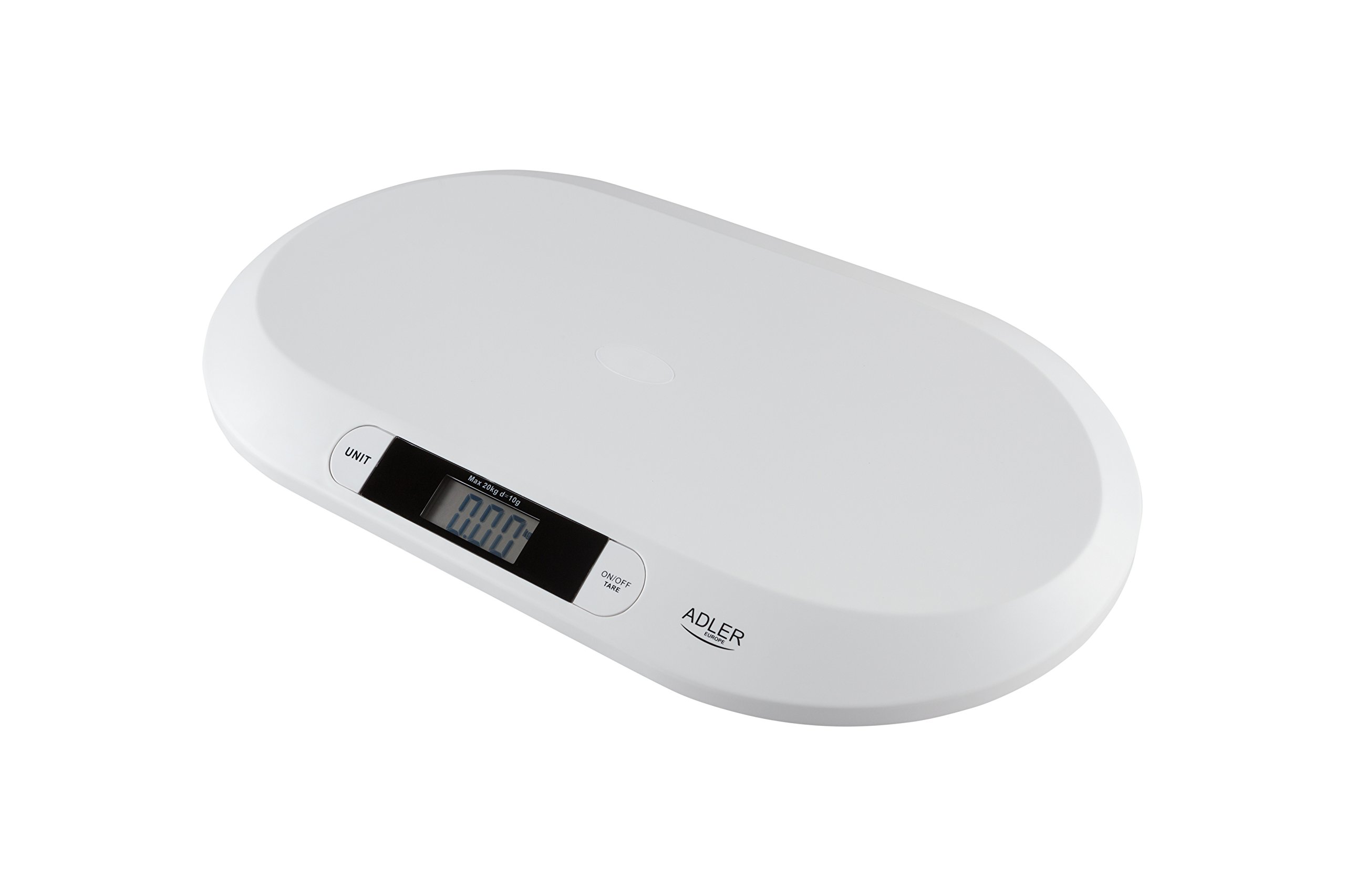 Adler Báscula Bebé Digital hasta 20 Kg, Peso Electrónico con Pantalla LCD, Función Hold Pesa con Precisión Aunque Haya Movimiento, Función Tara, Ideal Control Peso Recién Nacidos