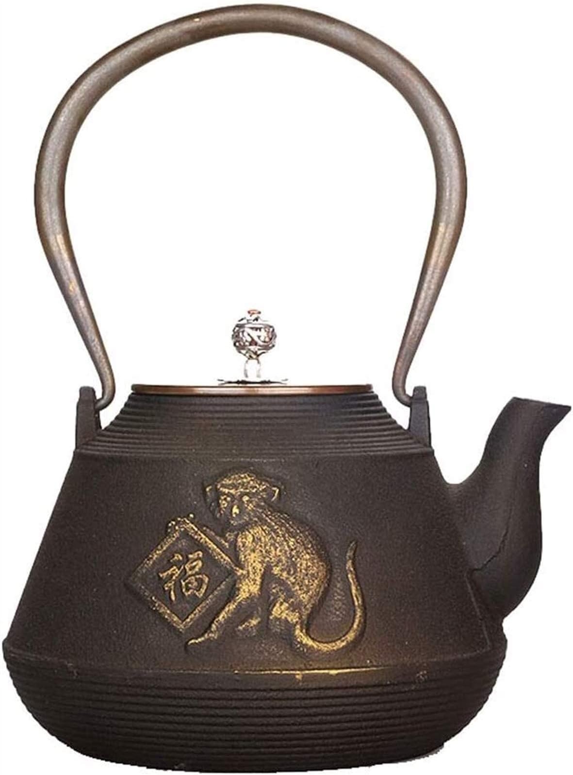 Vintage Cast Iron Kettle Teapot Crafted Golden Monkey Blessing Pattern Oxidized Inner Wall without Coating 1.1L