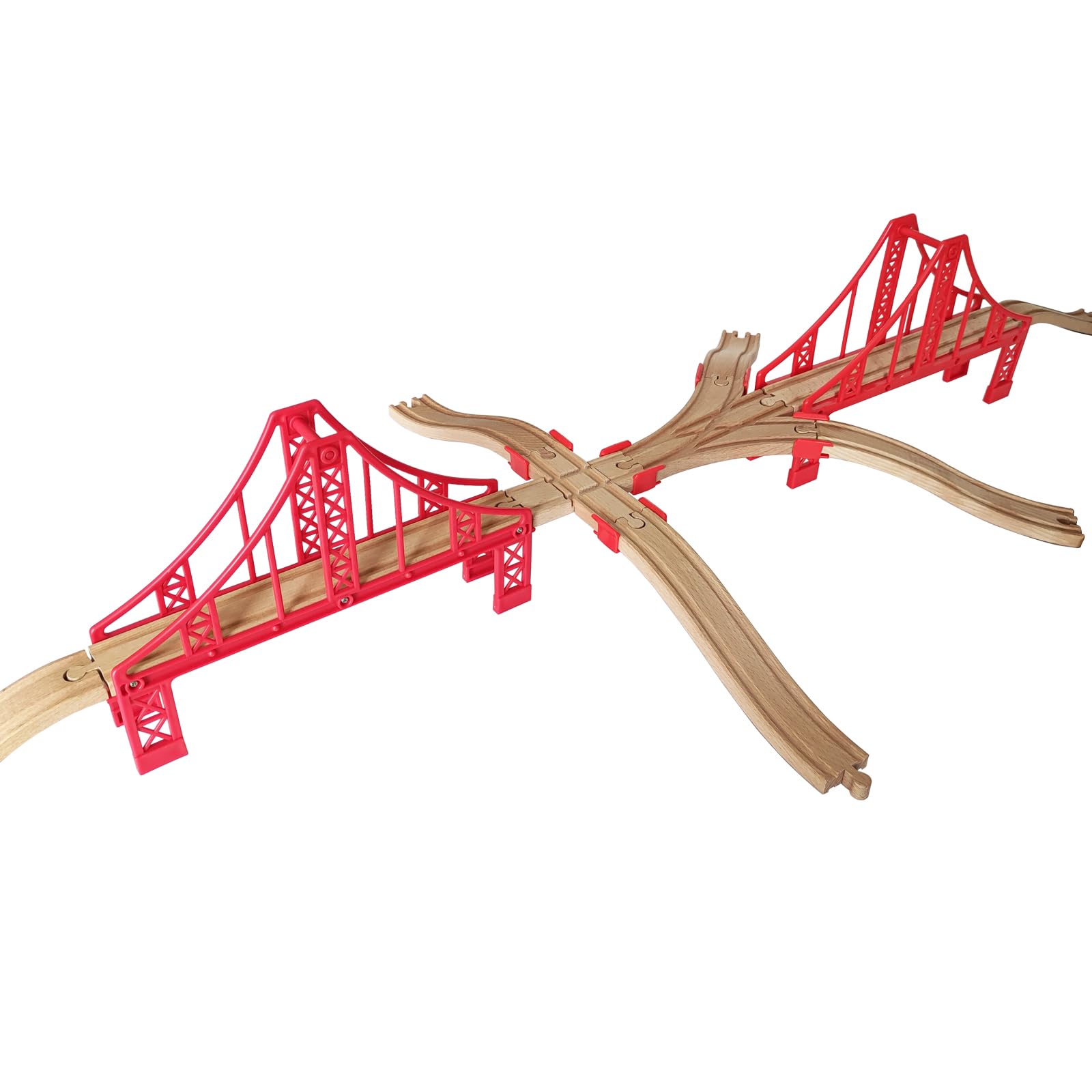 Juego de accesorios de madera para vías de tren, juego de puentes colgantes rojos grandes, compatible con todas las principales marcas, regalo de cumpleaños de Navidad para niños y niñas, paquete de