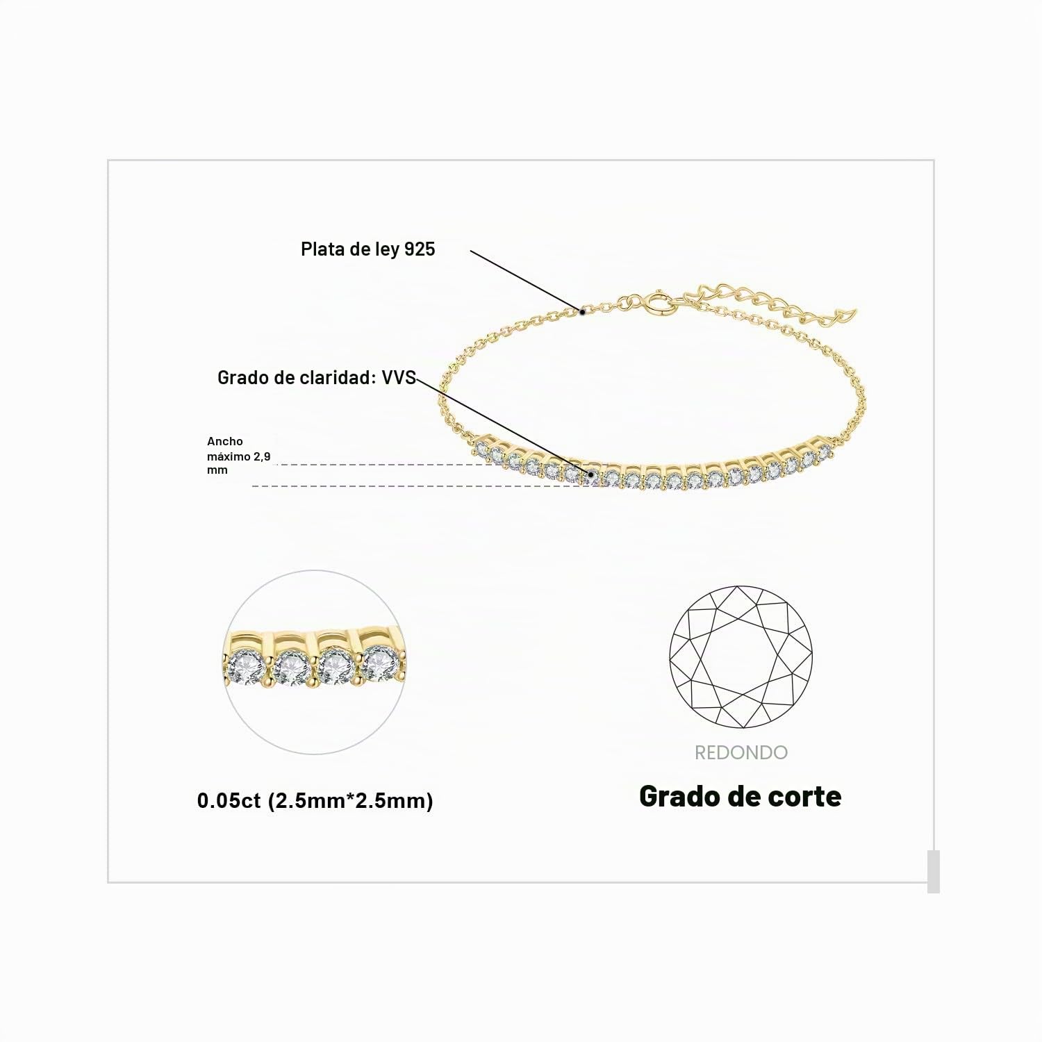 JewelryPalace Ajustable Pulsera Mujer Plata de Ley 925, Pulseras Boda Niña 1.1ct Moissanita Creado Corte Redondo Media Eternidad, Brazalete Mujer Piedras Preciosas Plata/Oro/Oro Rosa, Joyeria Mujeres