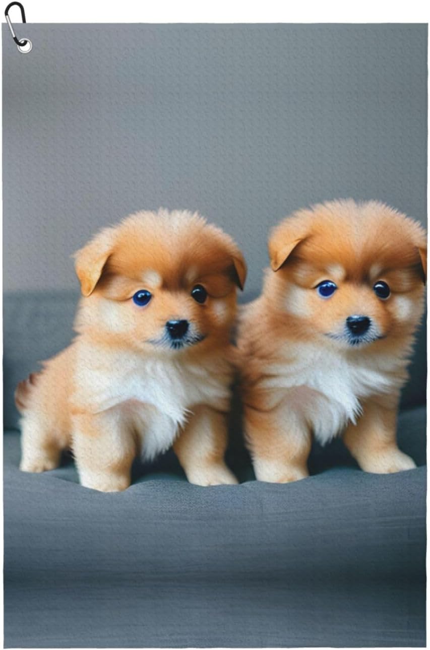Pomeranians Puppies and Point 1 Print Microfiber Golf Towel with Clip Funny Golf Accessories Golf Gifts for Men Women Club Towels