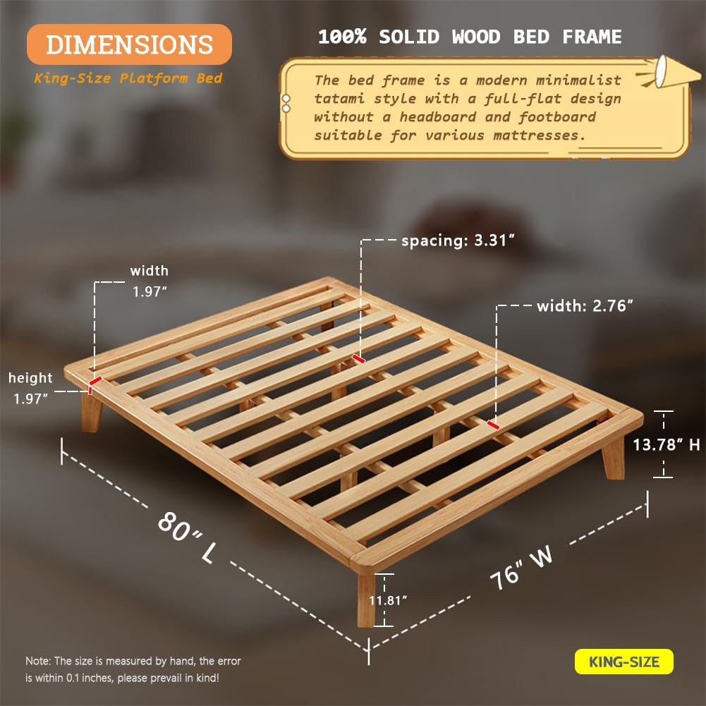 King Platform Bed Base - 14 Inch Solid Wood Mattress Foundation with Support Slats and Legs, King-Size Rubberwood Simple Bed Frame - Image 2