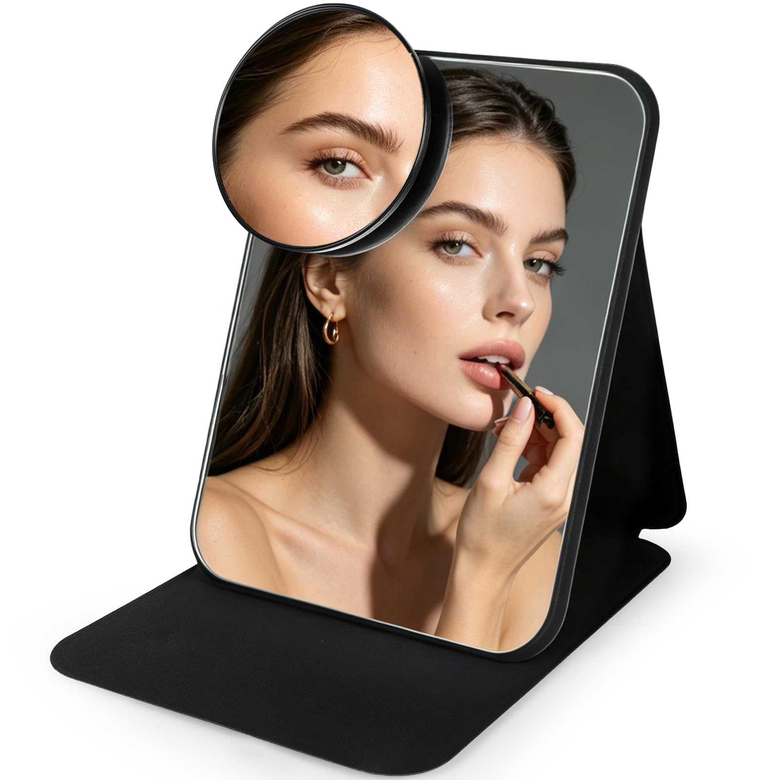 SHIWOZEX Travel Makeup Mirror with 5x Magnifying Magnetic Detachable Lens, Foldable & Portable for Multi-Task Makeup Grooming, with Pouch Suitable for Travel Camping Bedroom & Office
