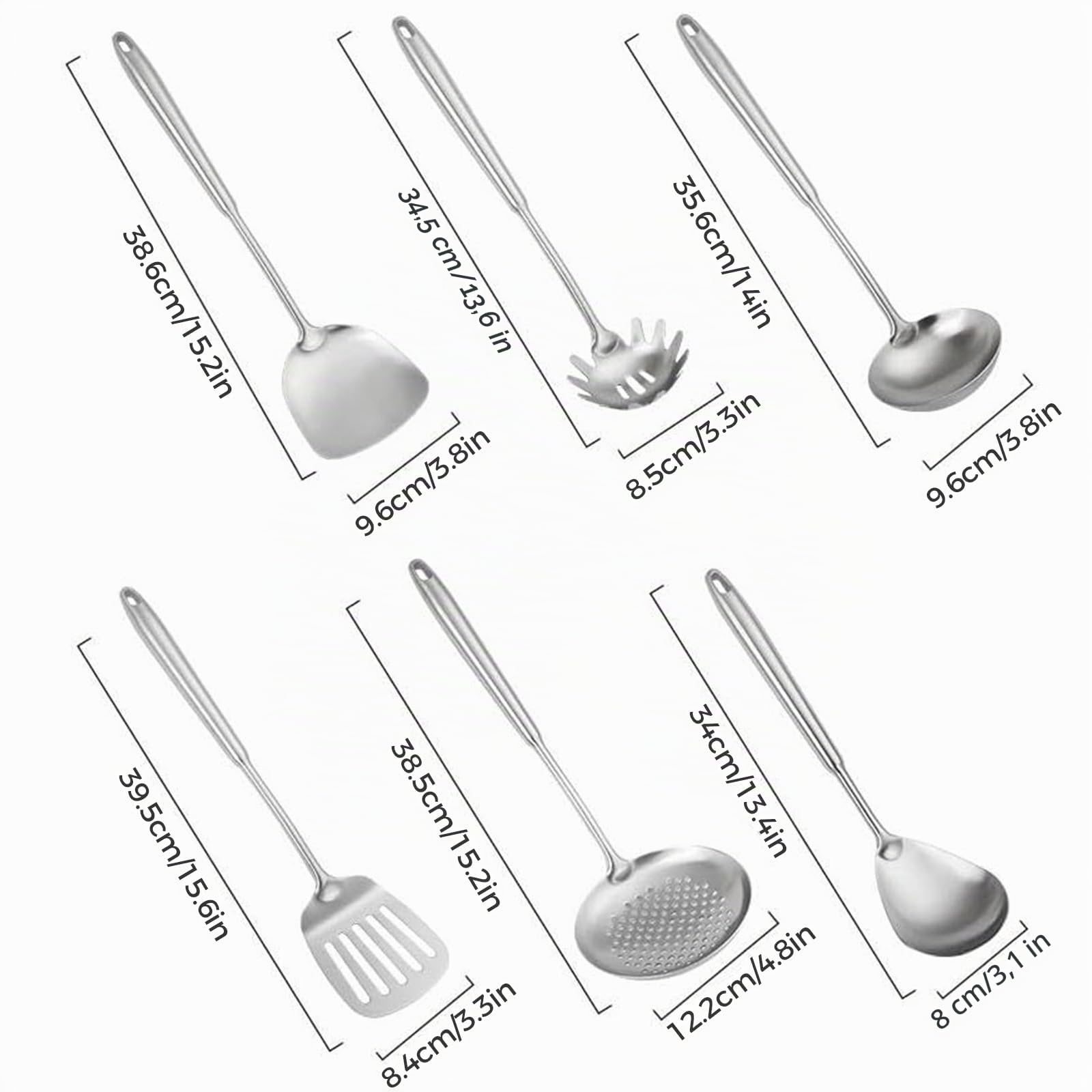 Set da 6 Utensili da Cucina in Acciaio Inossidabile | Resistenti Al Calore, Include Mestolo, Palette, Schiumarola E Cucchiaio Per Pasta, Lavabili In Lavastoviglie