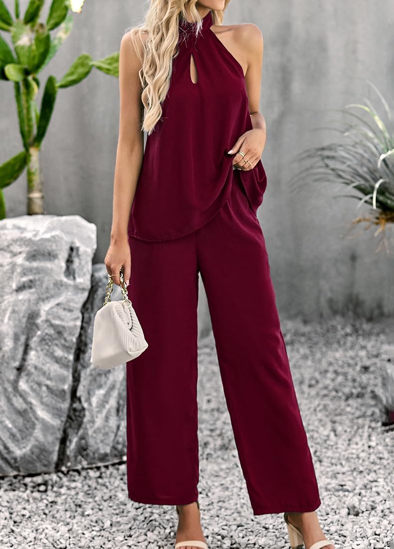 Co Ord zestawy dla kobiet spodnie i top, czarne wiązane na szyi paski bez pleców seksowna kamizelka bez rękawów koszulka na co dzień spodnie z szerokimi nogawkami moda salon wyjście zestawy