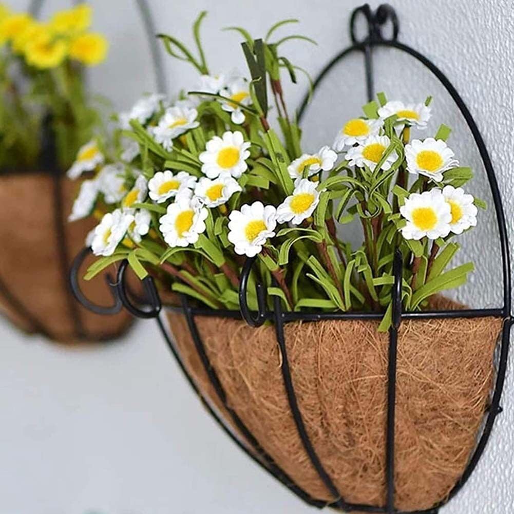 SMELEYOU Hanging Basket Liner, Metal Wall Hanging Planter Basket with Coconut Lining Half Round Wire Flower Pots Hangers for Indoor Outdoor Garden Porch Decor 2 Pcs
