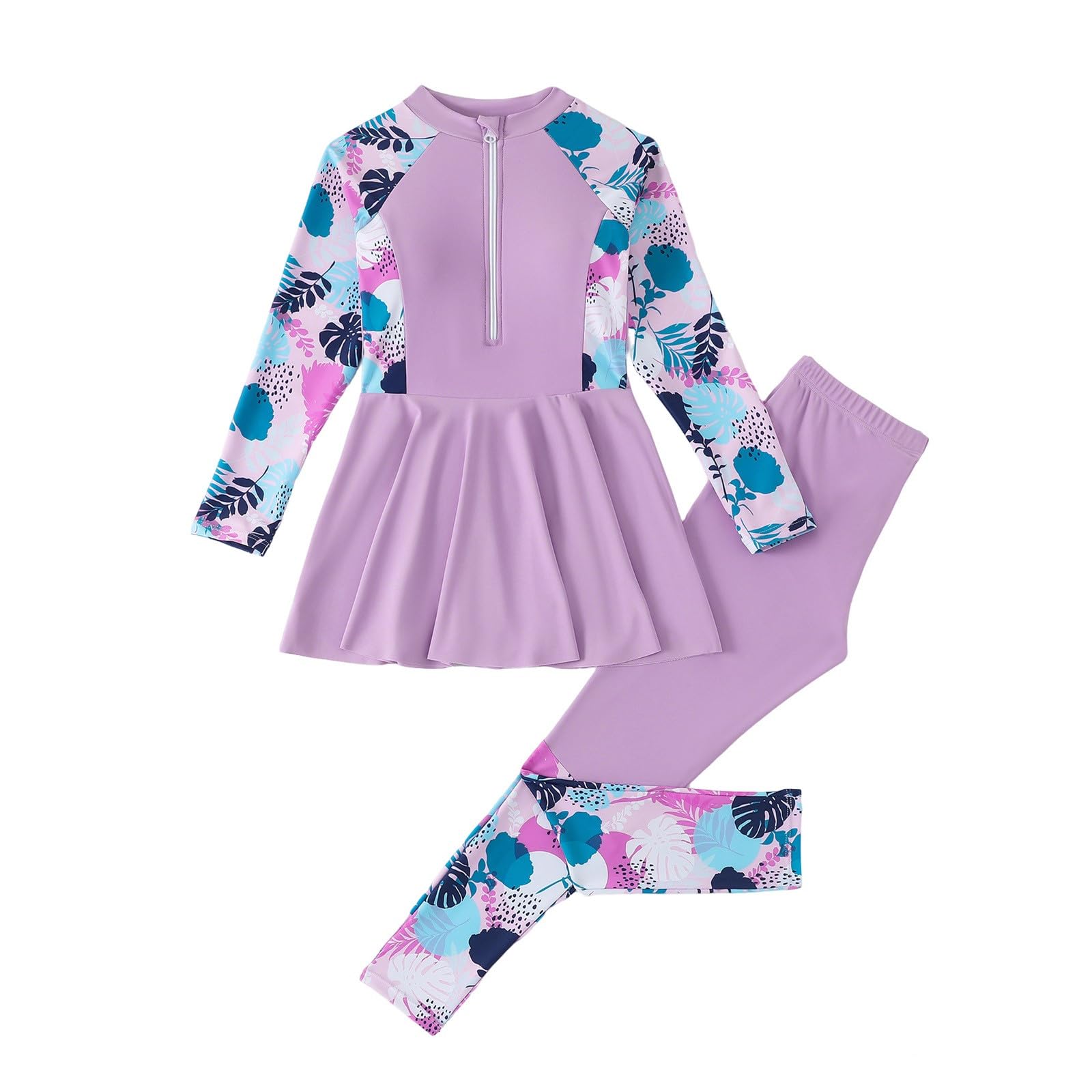 Enfant Fille Maillot de Bain Musulmane Anti UV Tenue Manches Longues avec Pantalon de Bain Burkini Combinaison Natation Plage Surf