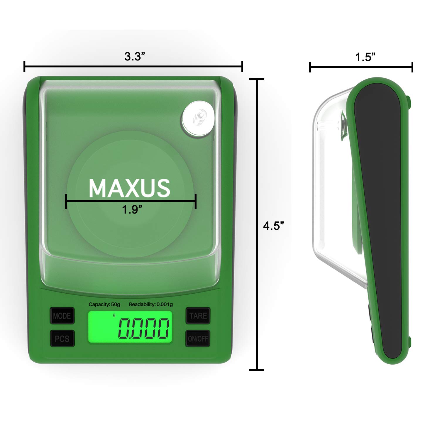 Maxus Dante Digital Milligram Scale 50g/0.001g, Includes a 20g Calibration Weight, a Scoop, a Powder Pan and Tweezers, in Green