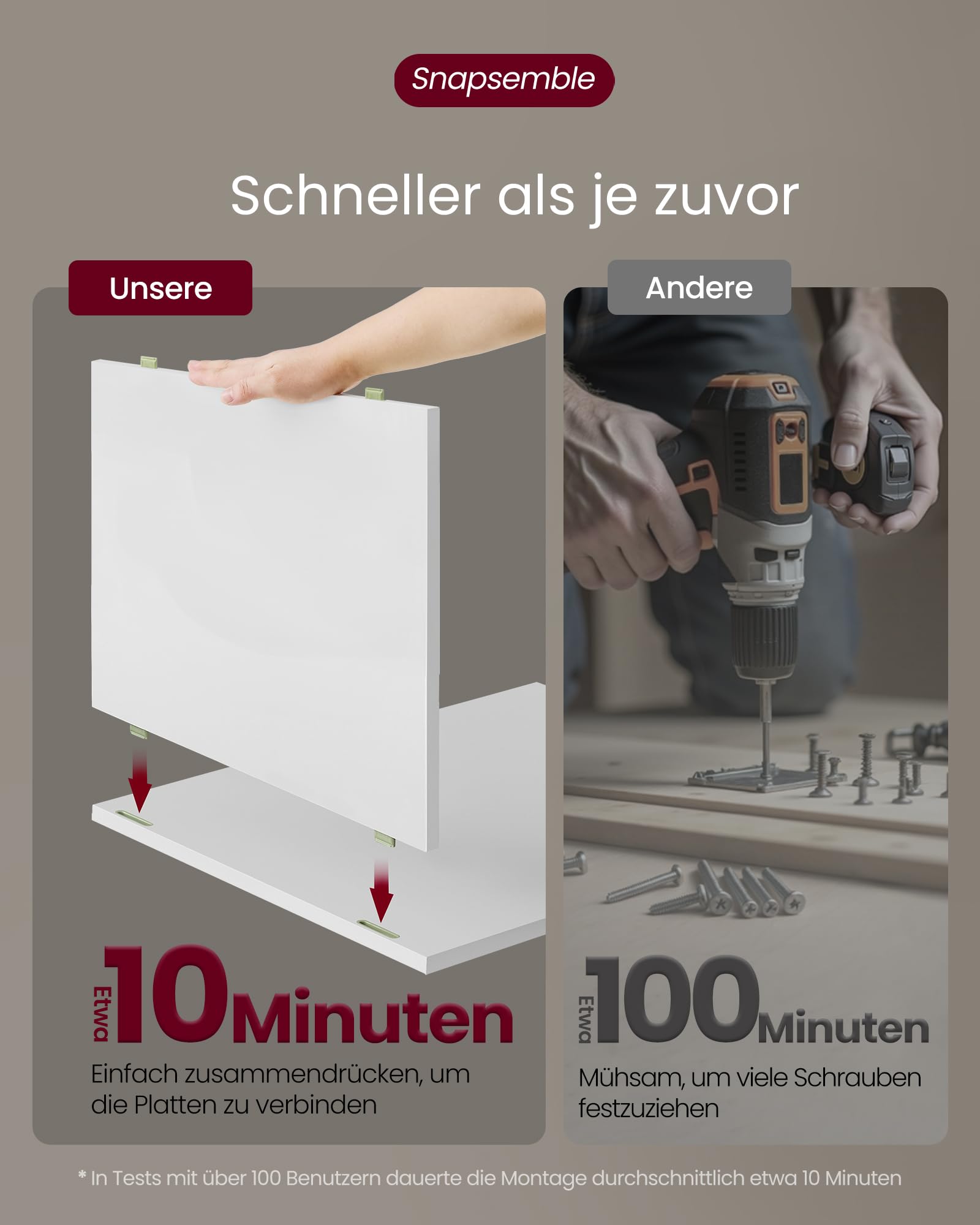 VASAGLE Nachttisch, Snapsemble – superschnelle Montage, Beistelltisch 3 Schubladen, Nachtschrank, Schlafzimmer, Wohnzimmer, mattweiß-cappuccinobeige LET778W01