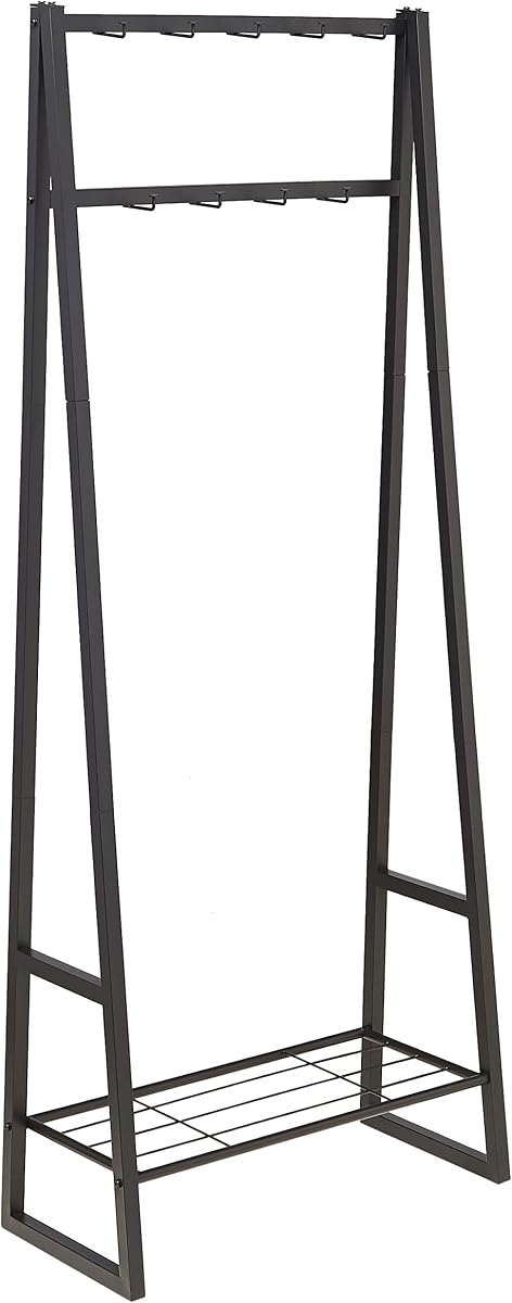 9 Hooks Coat Rack, Freestanding Entryway Shoe Bench with Metal 1-Tier Storage Shelf, Space Saving for Hallway and Bedroom, 13" D x 27.6" W x 69" H, Black
